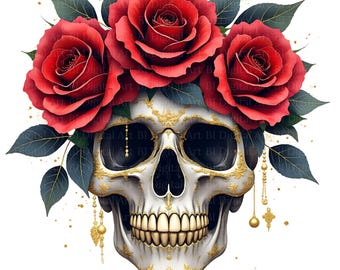 10 Calaveras - Calavera con Rosas Rojas Cliparts, Ilustraciones Góticas de Halloween en Acuarela, Imágenes PNG y JPG Imprimibles, Descarga Digital