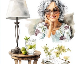 Boho Older Woman Cocktail Clipart, Watercolor Grandma Illustration (Digital Download JPG)