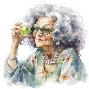 9 Funny Older Woman drinking Cocktail Clipart in Boho Style, Grandma and Cocktail, Printable Watercolor, Digital Download JPG, Junk Journal