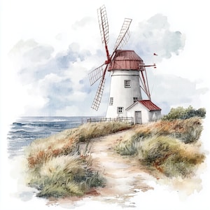10 Moulins à vent au bord de la mer, Moulin à vent blanc - Clipart aquarelle, illustrations de paysages, images imprimables JPG, téléchargement numérique, modèle papier