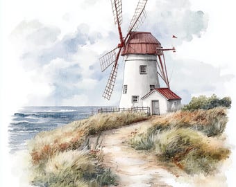 10 Molino de viento junto al mar, Molino de viento blanco - Clipart de acuarela, Ilustraciones de paisajes, Imágenes imprimibles JPG, Descarga digital, Modelo de papel