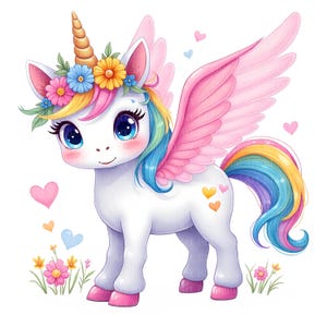10 imágenes prediseñadas de unicornio: Pegacornio de dibujos animados con alas rosas, pelo arcoíris y corona floral. Archivo imprimible para habitaciones infantiles | Proyectos DIY