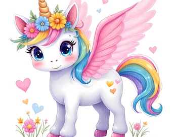 Può includere: Un'illustrazione stravagante di un unicorno bianco con un corno d'oro, ali rosa e criniera e coda arcobaleno. L'unicorno è adornato da una corona floreale e circondato da cuori e fiori, creando una scena magica.