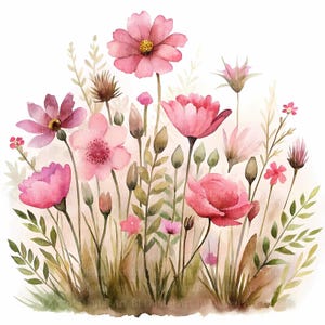 10 Clipart di aiuole di fiori selvatici, acquerelli stampabili, illustrazioni di prati fioriti, JPG di alta qualità, download digitale, creazione di biglietti