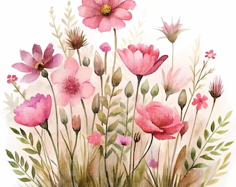 10 Wildblumen Blumenbeet Clipart, Druckbare Aquarell,  Blumenwiesen Illustrationen, Hochwertige JPGs, Digitaler Download, Kartenherstellung
