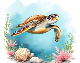 Watercolor Sea Turtle Cliparts – Tropical Ocean JPGs (Digital Download)