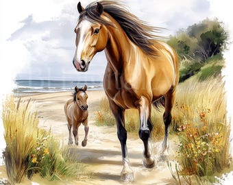 水彩画風の馬のイラストクリップアート、馬のウォールアート（デジタル