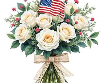 10 White Rose Bouquet Cliparts with US Flag & Ribbon, Patriotic Floral Illustrations for 4th of July, Printable Hi-Res JPG, Digital Download