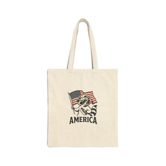 Patriotic Raccoon with American Flag Tote Bag | Canvas Market Tote, Fourth of July