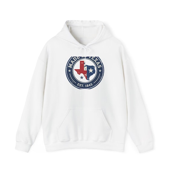 Made in Texas badge Hoodie | Texas map emblem, retro stars, EST 1845