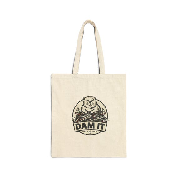 Dam It Beaver Illustration Tote Bag | Retro Wildlife Logo, Natural Canvas