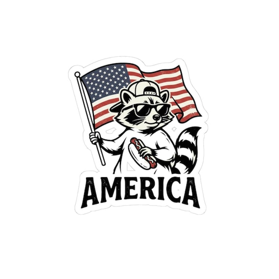 Patriotic Raccoon Holding US Flag sticker | Kiss-Cut Sticker