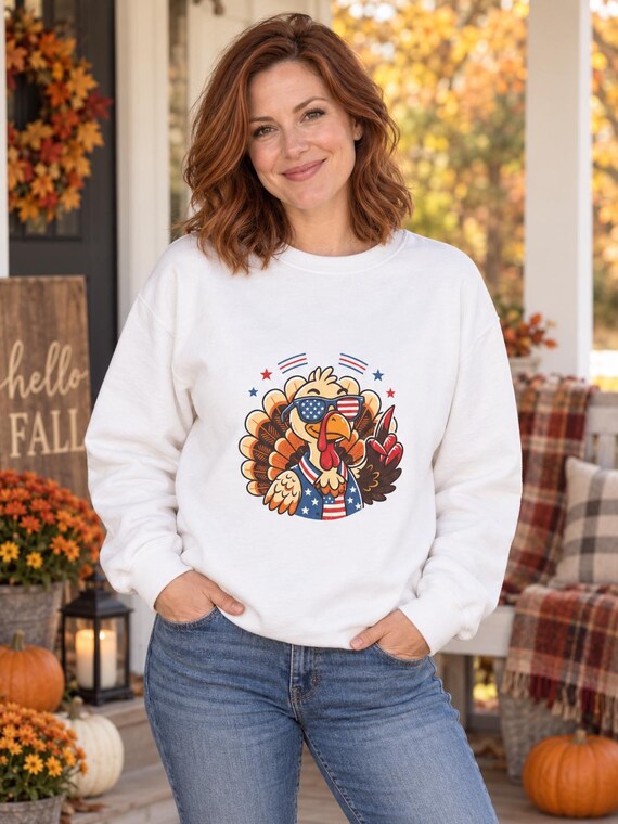 Patriotic Turkey Crewneck Sweatshirt | USA Flag Turkey, Thanksgiving Fourth of July