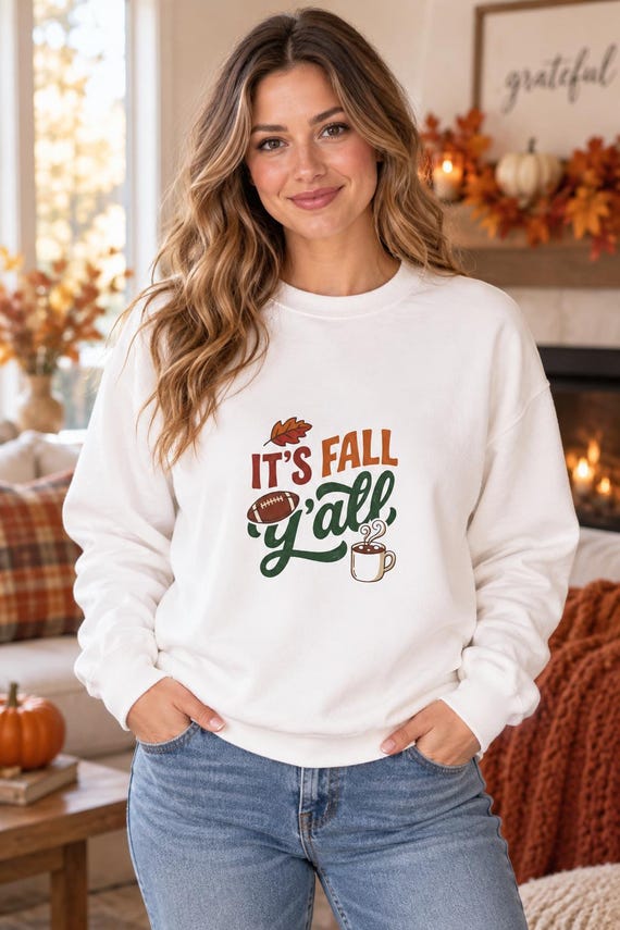 It's Fall Y'all Crewneck Sweatshirt | Football, Coffee, Autumn Leaves