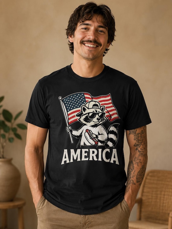 Raccoon Waving American Flag T-Shirt | America Print