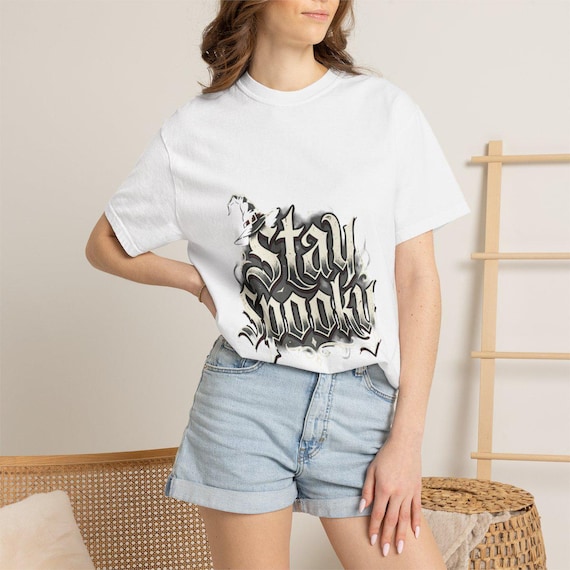 Stay Spooky Gothic Script T-shirt | Halloween Skull Vibes