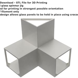 May include: A white 3D-printed stained glass spinner jig. The design is hollow and allows glass panels to be held in place using crocodile clips. The text on the image says it is designed for printing in the strongest possible orientation.