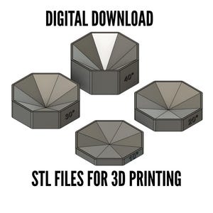 May include: Four gray, geometric shapes with angled surfaces, labeled with degree measurements: 10°, 20°, 30°, and 40°. The text "DIGITAL DOWNLOAD" and "STL FILES FOR 3D PRINTING" are displayed above and below the shapes, respectively.