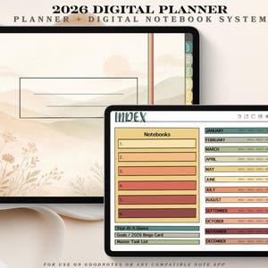 May include: Two digital tablets displaying a 2026 digital planner and notebook system. The main screen shows a landscape design with a blank space for notes. The second tablet displays an index with notebook sections and monthly tabs.