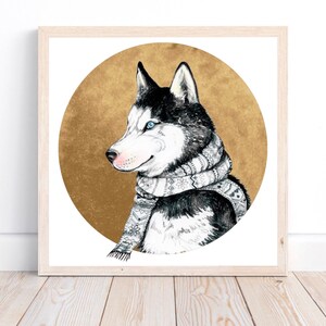 Husky with scarf illustration, fine art print, lovely dog, hand drawn portrait in winter, art print