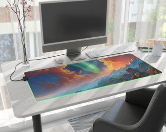 Northern Lights LED Mousepad, Scenic Anime Desk Mat, Extra Large Gaming Mouse Pad, Mountains Sunset RGB Desk Mat