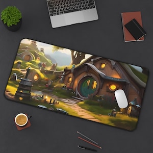 May include: A colourful mouse mat featuring a whimsical illustration of a hobbit house with a round green door, surrounded by lush greenery and stone pathways. The house has a wooden exterior with windows and a chimney.