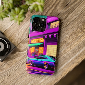 Synthwave Japanese Cafe Phone Case, Anime Muscle Car, Miami Vice Art Style, Unique Phone Case, iPhone/Samsung Galaxy Case