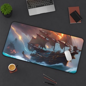 Tapete de mesa de tempestade de navio pirata, mousepad para amante do mar pirata, tapete de jogo de cartas extra grande
