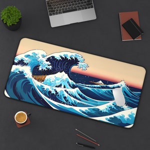 Große Welle vor Kanagawa inspiriert Schreibtischunterlage, Anime Art Style Mousepad, extra große Kartenspiel Spielmatte, Natur und Ozean Liebhaber Mousepad