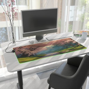 Sakura Cherry Blossom Tree LED Gaming Mouse Pad, Cute Anime Mousepad, Kawaii Pink Beautiful Scenic Anime Road Desk Mat,
