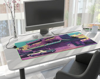 Synthwave Tokyo Cafe LED Mousepad, Cool Anime Art Aesthetic RGB Desk Mat, Extra Large Gaming Mouse Pad