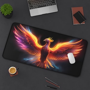 Tapis de bureau Rising Phoenix, tapis de souris artistique unique, tapis de jeu de cartes extra large, tapis de souris amoureux des créatures mythologiques