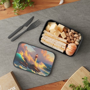Lighthouse Bento Lunch Box, Sustainable Crashing Waves Bento Box, Eco-Friendly Lunch Box