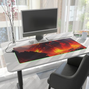 Erupting Volcano LED Mousepad, Anime Nature Aesthetic RGB Desk Mat, Extra Large Red and Black Gaming Mouse Pad