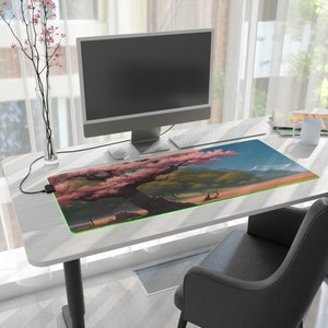 Sakura Cherry Blossom Tree LED Gaming Mouse Pad, Cute Anime Mousepad, Kawaii Pink Anime Desk Mat, Anime Tree with Sky and Mountain Back