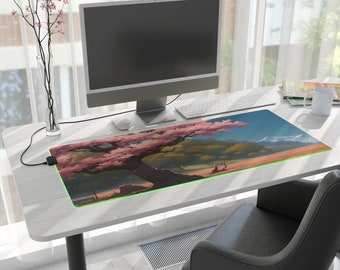 Sakura Cherry Blossom Tree LED Gaming Mouse Pad, Cute Anime Mousepad, Kawaii Pink Anime Desk Mat, Anime Tree with Sky and Mountain Back