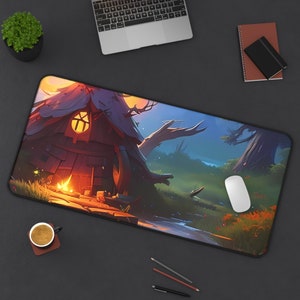 May include: A fantasy-themed mouse mat featuring a detailed illustration of a wooden cottage nestled in a forest. The cottage has a glowing window and a fire burning in front of it. The background features a dark blue sky with stars and a lush green forest.