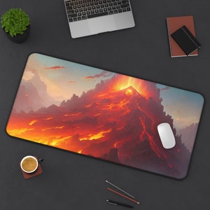Erupting Volcano Desk Mat, Fantasy Adventure Aesthetic Mousepad, Extra Large Card Game Playmat