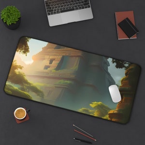 Mysterious Mayan Ruins Desk Mat, Jungle Adventure Aesthetic Mousepad, Extra Large Card Game Playmat