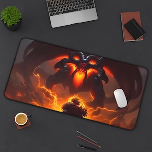 Tapete de mesa de batalha de fogo face-off, mousepad estético de aventura de fantasia, tapete de jogo de cartas extra grande