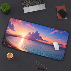 Mooie strand zonsondergang bureaumat, schattige anime kunststijl muismat, extra grote kaartspel speelmat, strand natuur zonsondergang minnaar muismat