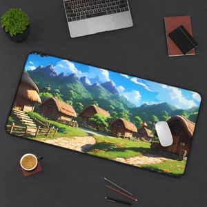 Cute Countryside Village Desk Mat, Kawaii Anime Art Style Mousepad, Extra Large Card Game Playmat, Cottagecore Aesthetic Mousepad