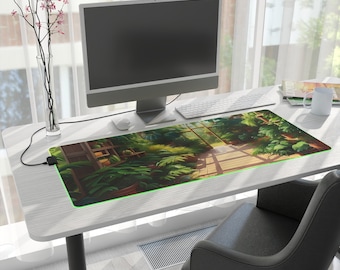 Greenhouse LED Mousepad, Cozy Nature Aesthetic RGB Desk Mat, Extra Large Gaming Mouse Pad