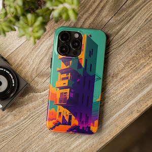 Retro Colorful Building Phone Case, Unique Artistic Phone Case, Miami Vice Color Palette, iPhone/Samsung Galaxy Case