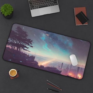 Night Sky City Overlook Desk Mat, Abstract Art Style Mousepad, Extra Large Card Game Playmat, Nature Lover Play Mat