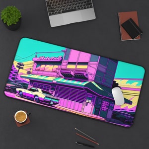 Synthwave Anime Cafe Desk Mat, Cool Anime Mousepad, Extra Large Card Game Playmat