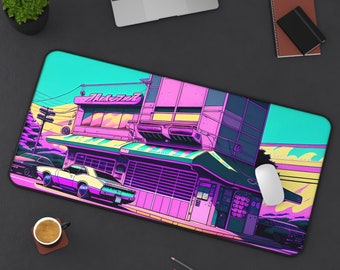 Synthwave Anime Cafe Desk Mat: Extra Large Mousepad