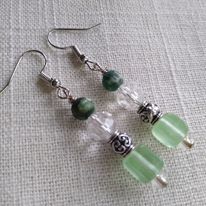 Recycled Green Sea Glass Drop Earrings