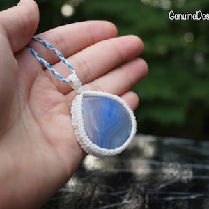 Special Natural Blue Agate Pendant Necklace | Striped Blue Agate | Genuine Gemstone Crystal | Bohemian Necklace | Crystal Pendant.