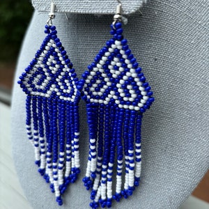 White and Blue Handmade Earrings | Chic Unique Design Earrings | Tribal Shipibo Gifts